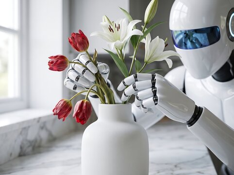 A white robot with a metallic hand carefully arranging red tulips and white lilies in a white vase on a marble countertop.