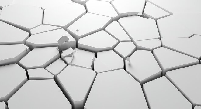 Abstract background showing a white surface cracked and broken into irregular pieces, emphasizing emptiness and conceptual fracture, split, shattered, minimal
