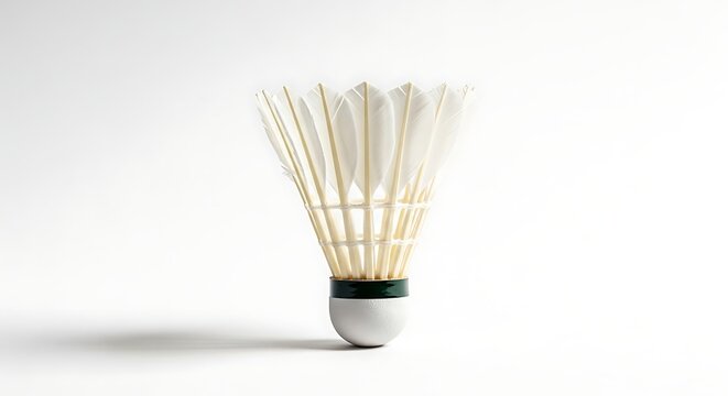 Professional feather shuttlecock standing upright against a clean minimalist white studio
