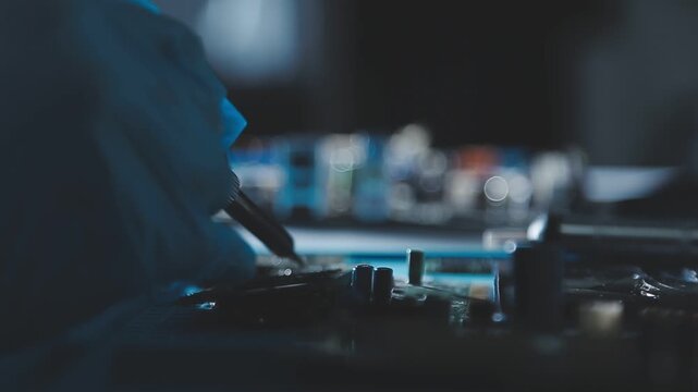 Closeup of a gloved hand installing a microchip on a blue motherboard. Perfect for concepts of AI development, hardware engineering, and IT infrastructure assembly in a digital world.
