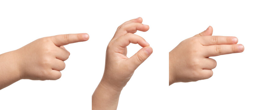 Child hand gestures set isolated showing pointing index finger, ok sign, and two fingers gesture on white background for body language, communication, toddler signal, and child symbol collection.