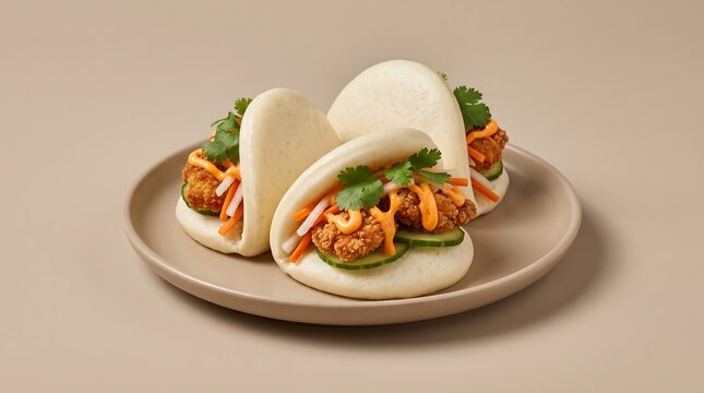Three delicious fried chicken bao buns with fresh cilantro, cucumber, and spicy mayo on a light plate.