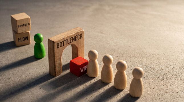 Bottleneck concept with wooden figures and blocks showing workflow obstruction and wip