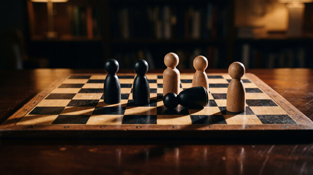 Strategy and decision making concept with wooden chess pieces on board in dimly lit study