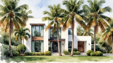 Fototapeta premium Watercolor painting of a modern white house with large windows surrounded by rich palm trees. Green lawn in front, tropical plants add to peaceful ambiance. Sunny day.