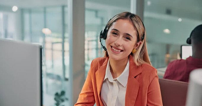 Face, woman and happy at computer in callcenter for telemarketing, lead generation and telesales. Coworking, sales agent and smile at tech for cold calling, outbound representative, about us or pride