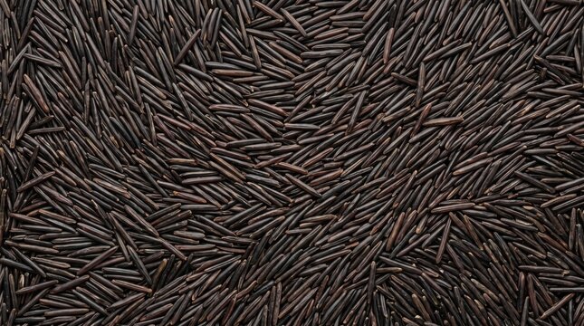 Top down view of uncooked wild rice grains providing a detailed organic texture perfect for food marketing, website banners, and healthy lifestyle branding