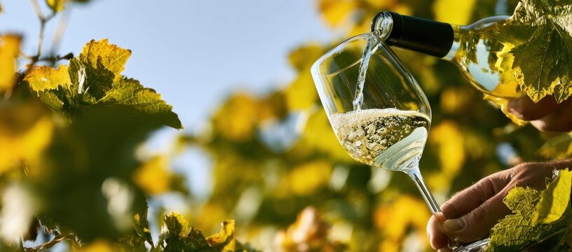 Golden vineyard foliage frames a hand pouring white wine into a crystal glass under sunlight