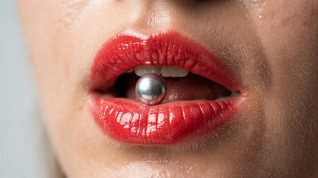 Glistening Lips with Metal Bead Closeup of a woman's full red-lipped mouth slightly open holding a small shiny metal bead between her teeth The image evokes sensuality and intrigue