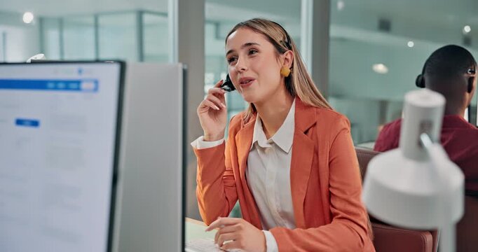 Help desk, woman and happy at computer in call center for network resolution, account access or FAQ. Coworking, tech support agent and mic for remote diagnostics, problem solving and customer service