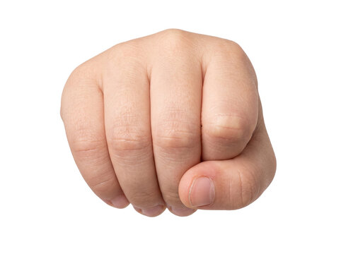 Clenched Fist Hand Punch Gesture isolated on black background presenting strong power strength fight conflict symbol fist bump close up skin detail body part sign human finger knuckles strike concept