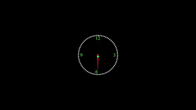 Clock face animation showing a red second hand sweeping steadily against a circular white outline on a pitch black background marks the passage of time for professional cinematic video productions.