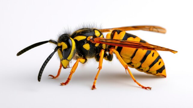 Yellow jacket wasp resting on white background in macro photography with sharp focus for scientific research and pest control marketing