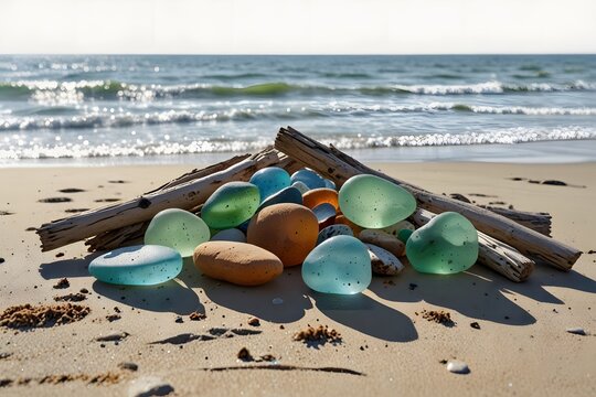 A selkie gathering sea glass and driftwood on the beach