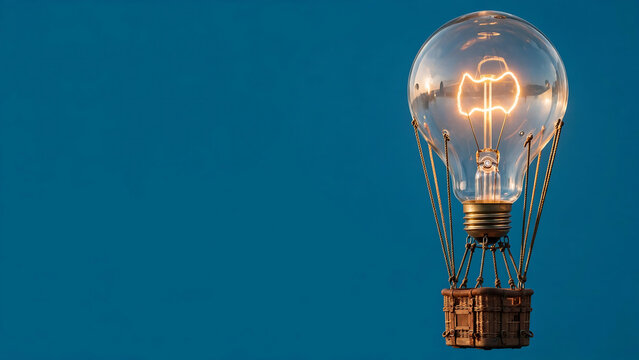 Conceptual light bulb hot air balloon glowing against blue background