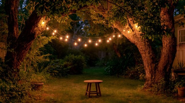 Backyard garden illuminated by string lights at night