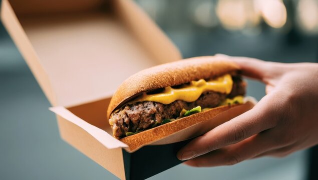 Hand holding a cheeseburger in a takeout box