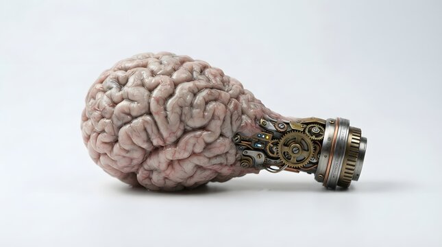 Human brain with mechanical steampunk gears isolated on white background