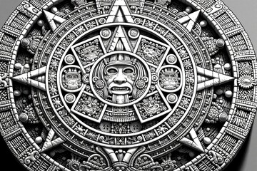 Obraz premium Aztec calendar sun stone black, white coloring page for adults. Intricate mesoamerican pattern features detailed ancient civilization symbols, tribal glyphs. Printable line art drawing provides