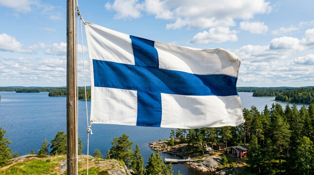 Finnish flag waving in the wind over a scenic lake landscape in finland