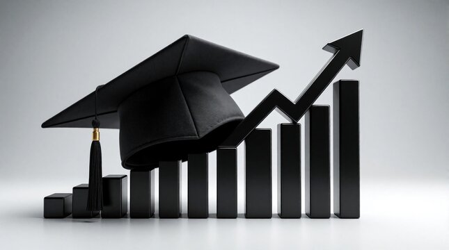 Black graduation cap sits on top of growing bar chart with rising arrow. Academic mortarboard student success, knowledge growth. Pro development concept illustrates career progress through university
