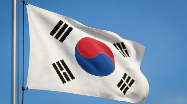South korean flag waving against a clear blue sky
