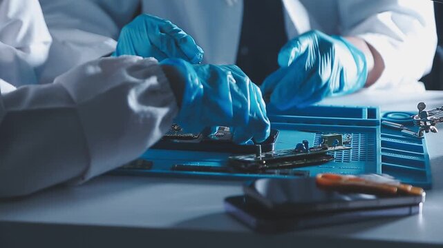 Closeup of a gloved hand installing a microchip on a blue motherboard. Perfect for concepts of AI development, hardware engineering, and IT infrastructure assembly in a digital world.