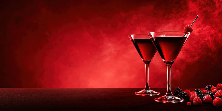 Red cocktail glass with berry garnish on dark table