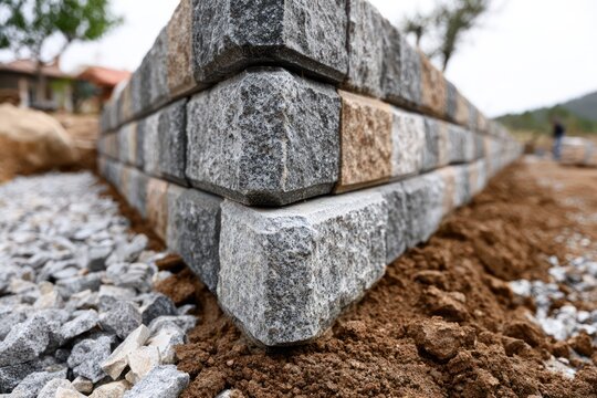 Installation of decorative block retaining wall in garden