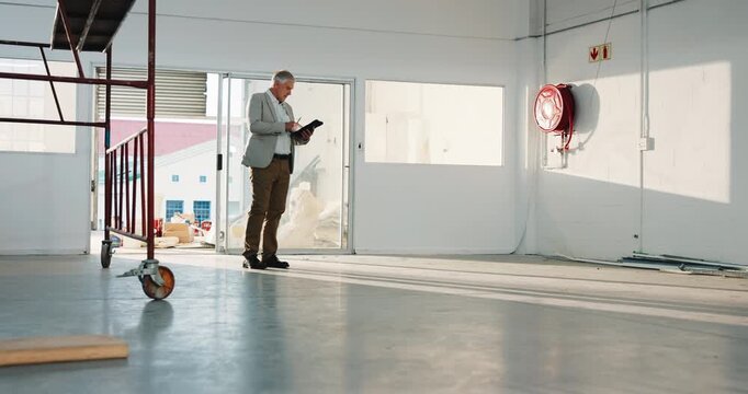 Man, architect and walking at site with tablet, research and inspection report for architecture. Mature person, supervisor at factory with tech, compliance survey and evaluation of building expansion