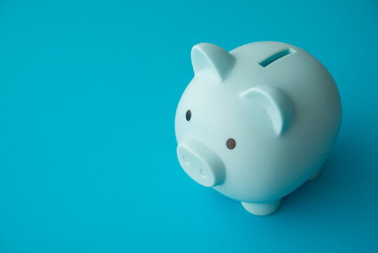Blue piggy bank on blue background copy space. Savings money account, personal financial planning, wealth or risk management, financial literacy, banking and so on concept.