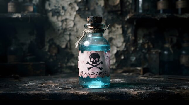 A glowing blue elixir bottle with a skull and crossbones label
