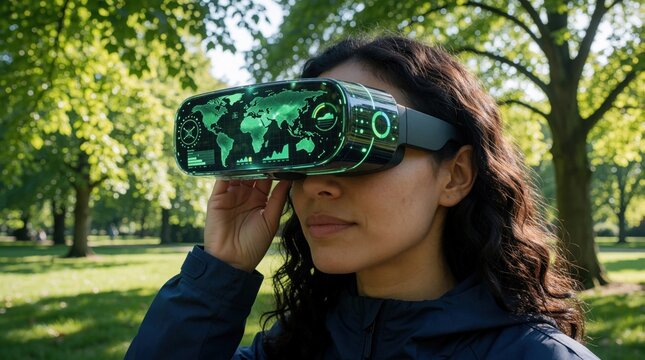 Woman wears VR headset outdoors displaying world map and data graphs. She interacts with futuristic tech in a park. Future global analysis. Tech exploration.