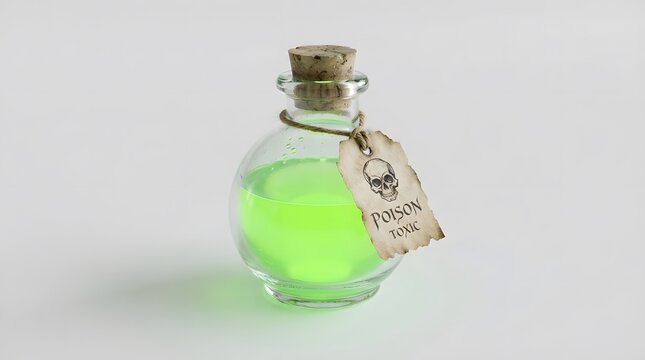 Glass bottle with green liquid and skull poison label