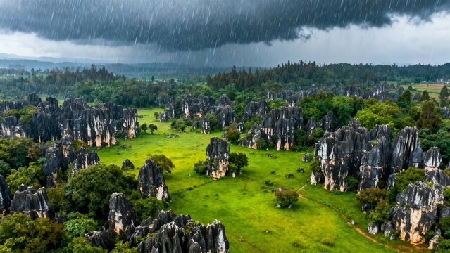 Rainfall over a lush green valley with limestone karst formations under stormy skies
