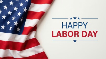 Fototapeta premium A festive Labor Day graphic featuring a gracefully folded American flag positioned to the left of celebratory text and star icons on a clean white background
