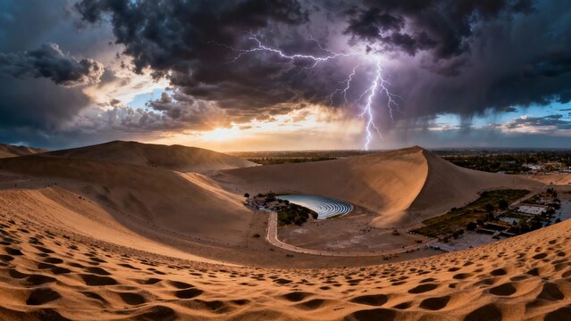 Desert dunes under a dramatic storm with lightning striking the sky