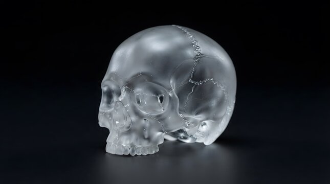 Clear glass skull sculpture on black background