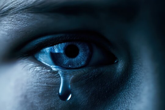 Sad child eye with falling tear drop