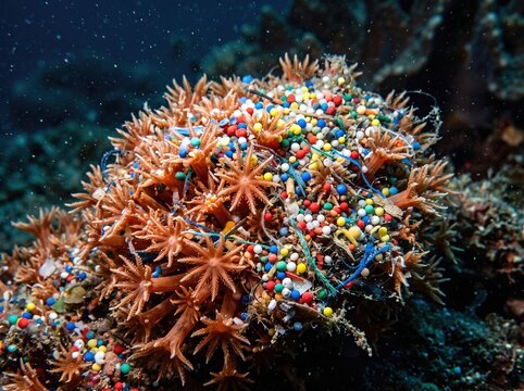 Extreme macro of delicate coral polyps smothered by colorful microplastic beads