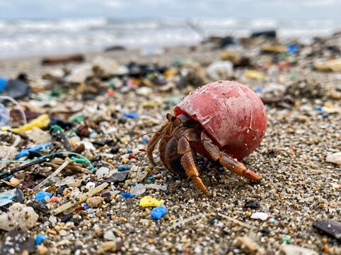 Small hermit crab using a faded red plastic bottle cap as its shell