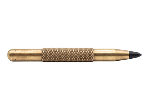 Solid brass pen metal stylus isolated on white background for everyday carry edc stationery and minimalist office design tool with textured knurled grip metallic craft writing instrument object.