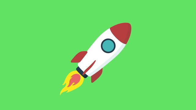 4K motion graphic of Flying rocket with alpha channel transparency. 2D cartoon animation of Space future on gree background. Footage for web design.