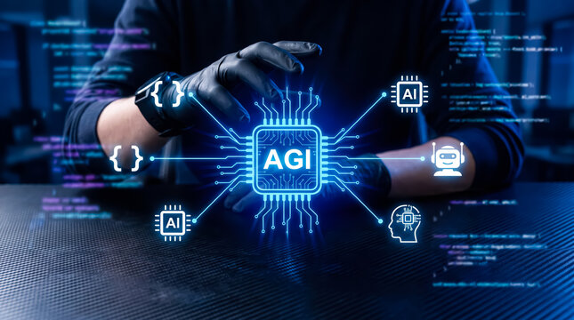 Artificial general intelligence agi concept with a person interacting with a digital interface of a glowing microchip and icons