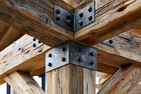 Timber roof truss framework secured with steel plates