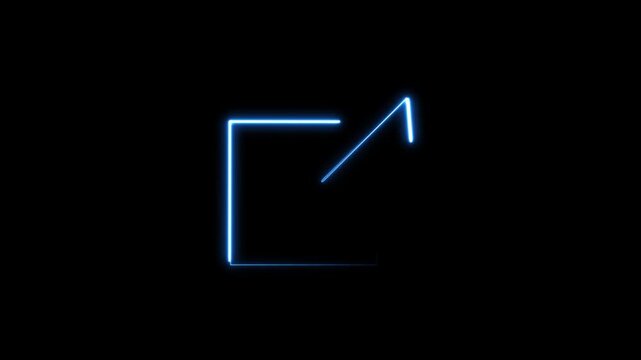 Arrow pointing outside a square box illustrates the digital symbol for an external link navigation button rendered in glowing blue neon light lines against a solid black background for user interface.
