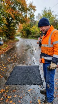 Road worker inspects a freshly laid asphalt patch on a rural autumn road