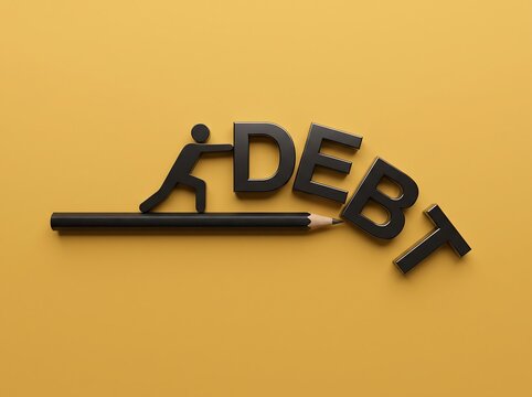 A conceptual image showing a stylized human figure pushing the word debt off the tip of a black pencil, symbolizing debt reduction or elimination