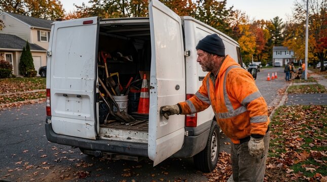 A Diligent Utility Technician Prepares Equipment from a Service Van on an Autumn Day