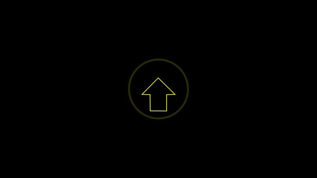 Arrow inside a circle pointing upward provides a visual cue for data transmission and cloud storage processes depicted as a glowing yellow neon line drawing isolated on a professional black screen.